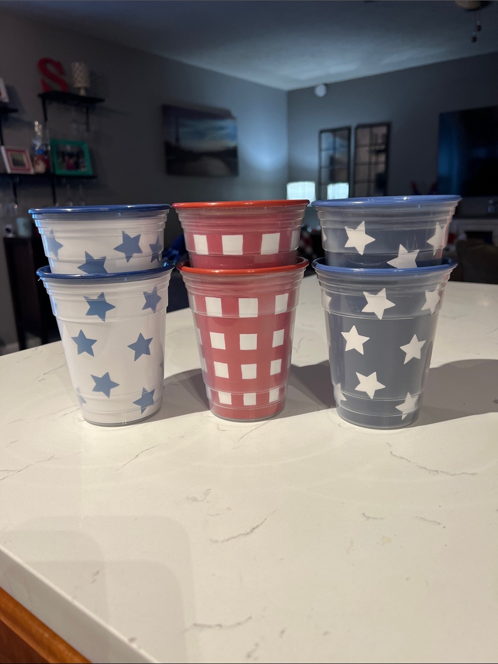 Festive Patriotic Plastic Cups - Red, White & Blue Star and Check Set